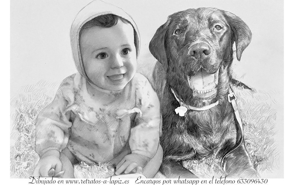 Retrato a lápiz de perro con bebé