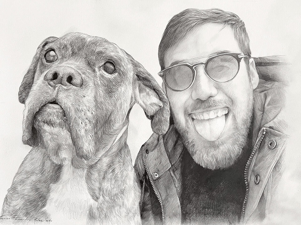 Retrato a lápiz de perro con su dueño